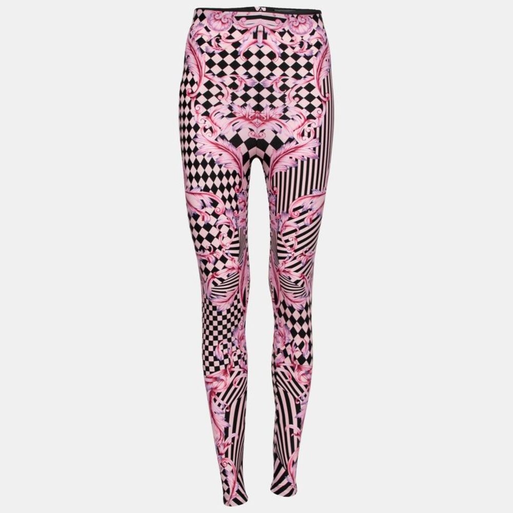 Versace Pink Stretch Knit Striped & Baroque Print Leggings S